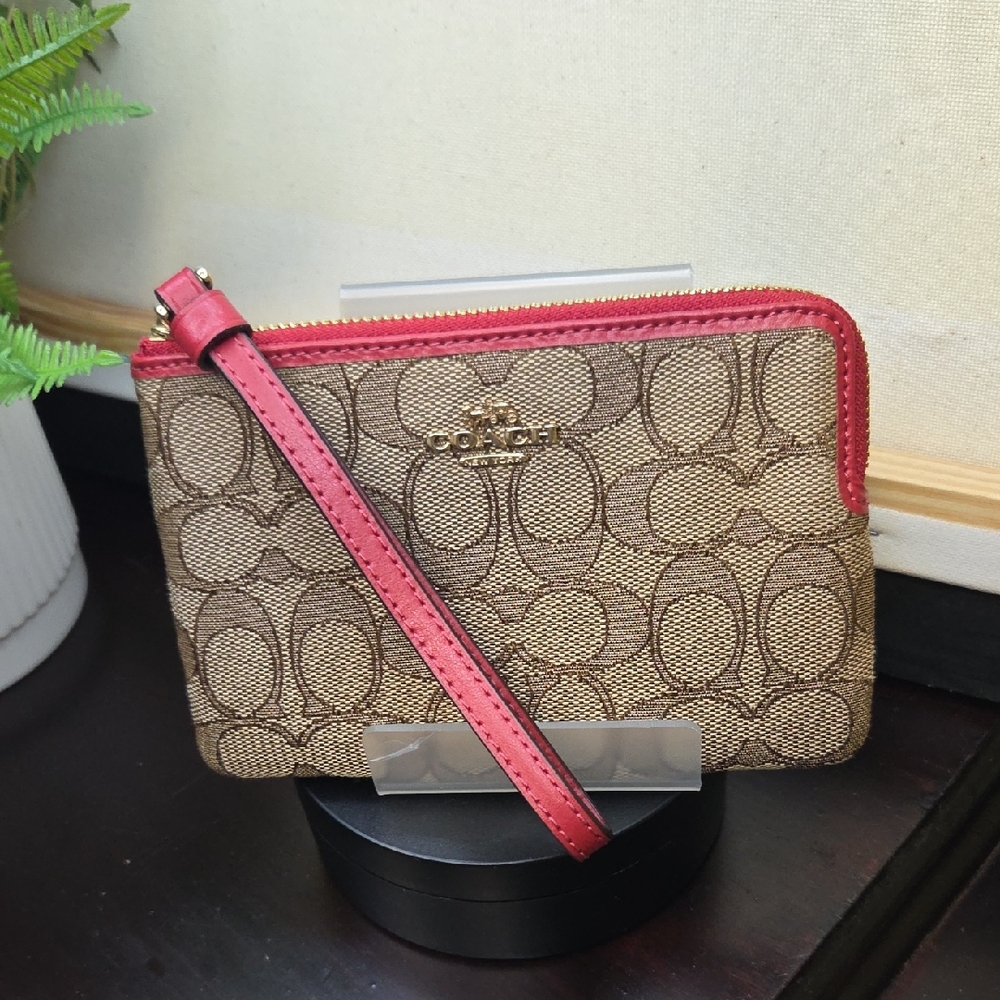 Coach Brown and Red Signature Wristlet Pouch